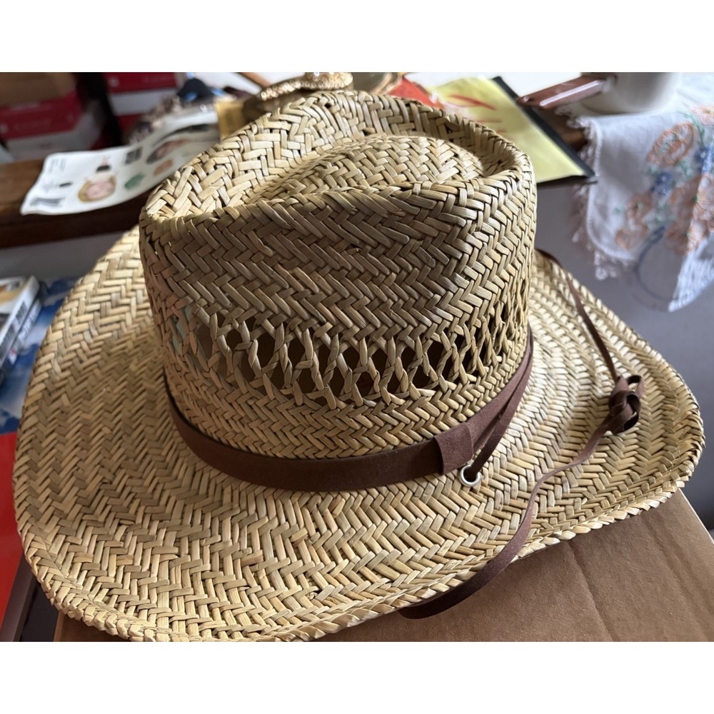 Broner Ventilated Western Straw Cowboy Hat Leather Chin Strap Size Large - Picture 9 of 15